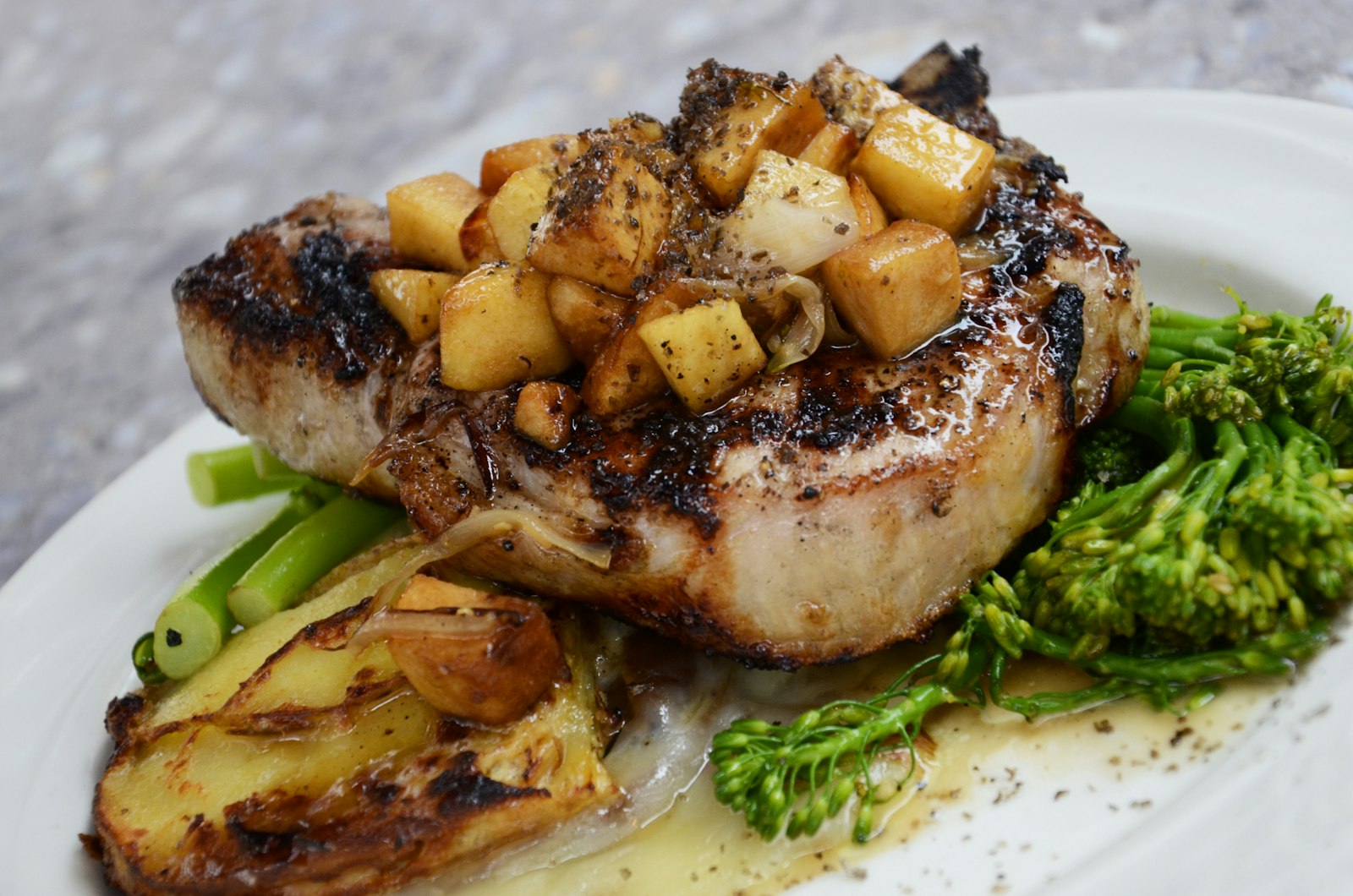 Heritage pork chop, plated