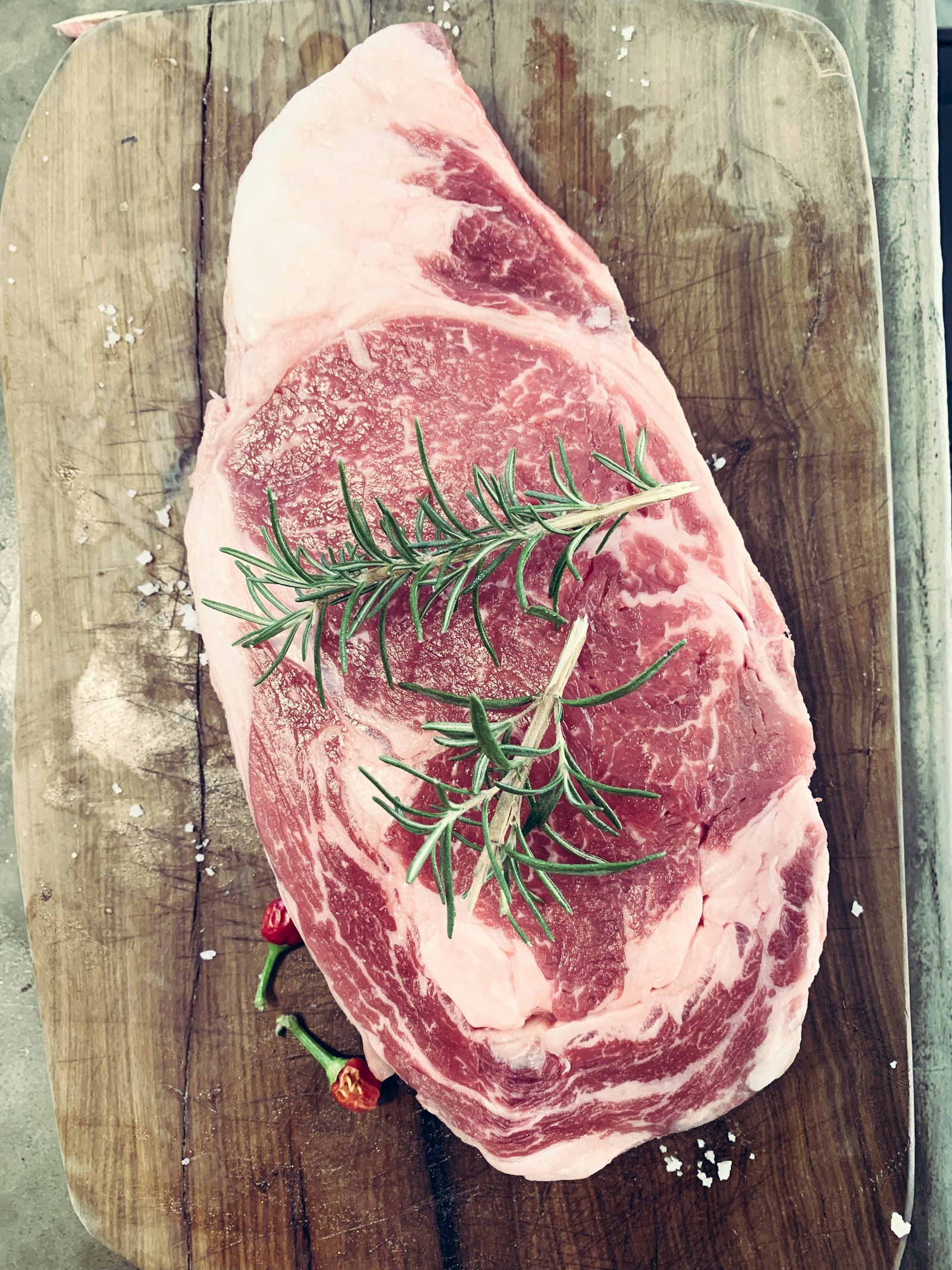 Editorial close-up of marbled ribeye